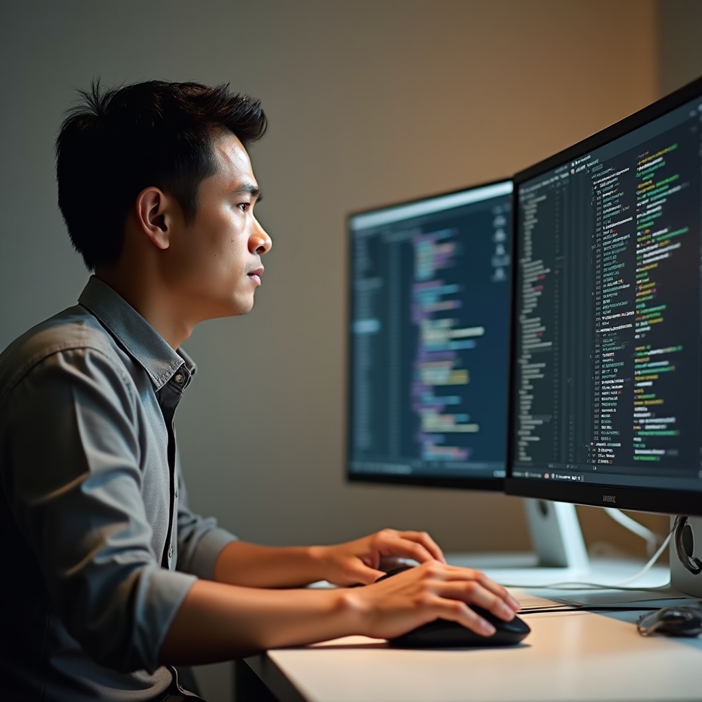 Engineer reviewing financial application code during a training session