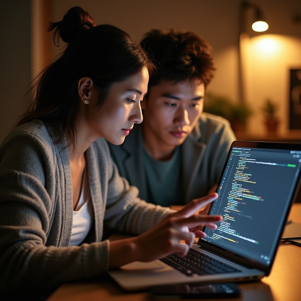 Mentor guiding a junior engineer through a compliance-focused code review on a laptop screen