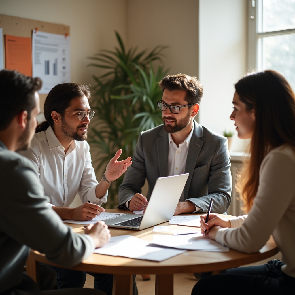 Small team planning a compliance review schedule around a table with notes and a laptop